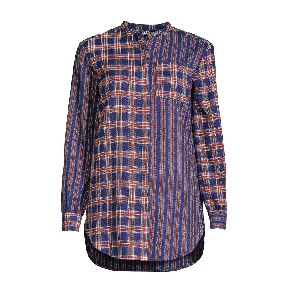 Lands End Womens Navy Plaid Stripe Mixed Pattern Flannel Tunic Blouse M 10-12